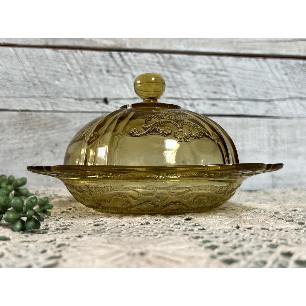 Yellow Depression Glass Butter Cheese Covered Dish Madrid